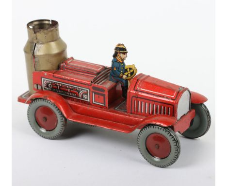 Tinplate clockwork Fire Engine, German US zone circa 1950, lithographed in red with details, single fireman, clockwork motor 