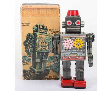 Boxed SH Horikawa clockwork Gear Robot, Japanese 1960s, tinplate robot with red plastic helmet, see through gear action to st