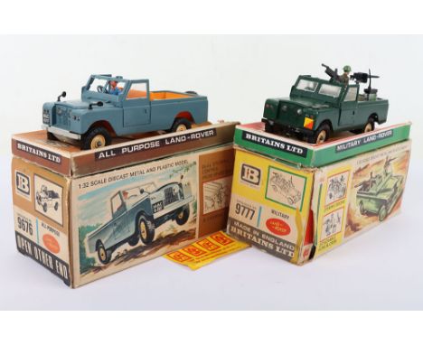 Two Britains 1:32 scale Land Rovers, 9777 Military Land Rover, green with figures, guns, radio and shovel, good condition, tw