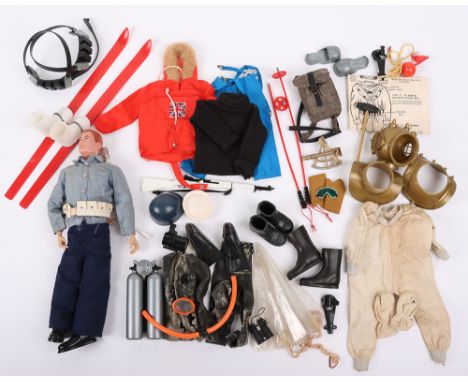 A Quantity of Vintage Action Man Clothes, Accessories and painted head doll, including red painted head doll, original dog ta