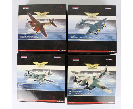 Four Corgi Aviation Archive DH Mosquito Aircraft 1:72nd Scale Models, AA32814 DH Mosquito PR.I W4051, LY-U. No.1 PRU Huly 194