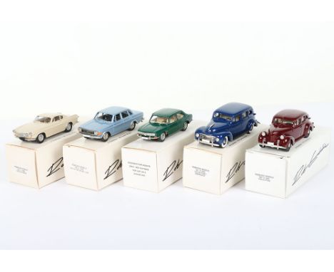 Five Robeddie Model 1/43 scale Volvo model cars, No.1 1969 Volvo P1800S, No.2 1973 Volvo 144 Grand Luxe, No.3 1969 Saab 99, N