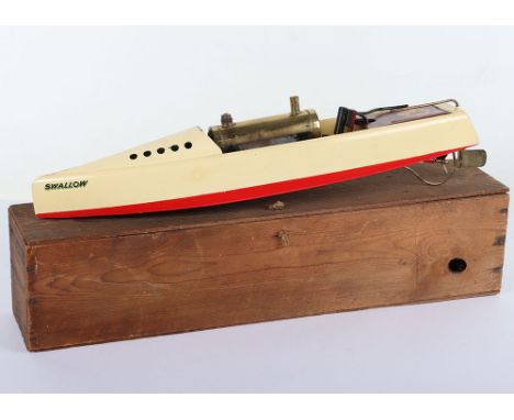 Boxed Hobbies Bowman ‘Swallow’ live steam Steamboat, 1930, the wooden hull painted cream and red below the waterline, plank d