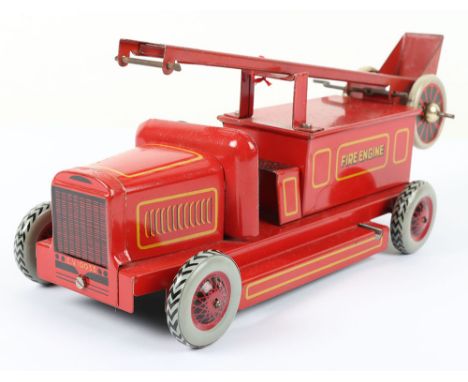 Chad Valley Ubilda Clockwork tinplate Fire Engine, CV 10033, 1946-49, assembled, lithographed in red with yellow lining, with