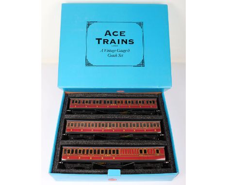 ACE Trains 0 gauge LMS C/1 three coach set, 1st class coach, 3rd class coach and 3rd/brake,  maroon livery, excellent conditi