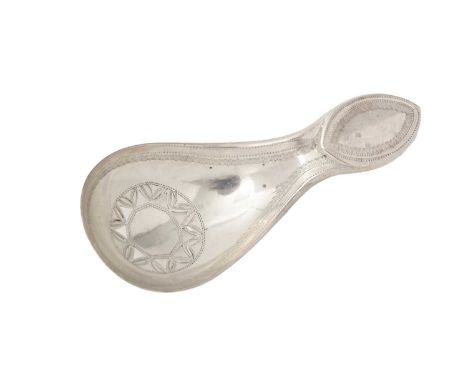 A George III silver caddy spoon, with pierced and engraved decoration and a vacant navette-shaped cartouche, by Robert Hennel