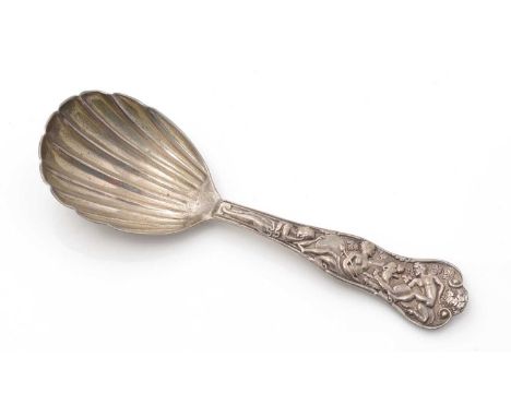 A Victorian silver Bacchanalian pattern caddy spoon, crested, by Messrs Lias and Wakely, London 1880, 11.2cm long, 0.95oz.