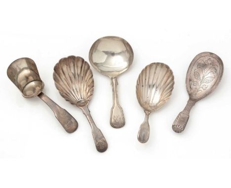 A George IV engraved silver caddy spoon, with a flower in the bowl and a fiddle-pattern stem, by Henry and Charles Day, Londo