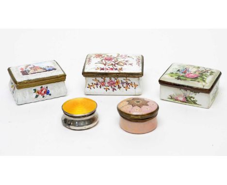 An 18th-century enamel snuff box, the lid interior painted with a portrait of a lady, the exterior painted with lovers in gar