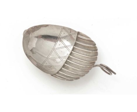 A George III silver caddy spoon, in the shape of an acorn with a coiled wire handle, and pricked engraving, by Joseph Taylor,