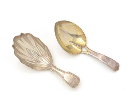 A George III silver caddy spoon, with a gilt bowl and a pointed terminal; and another silver caddy spoon, with a thread-borde