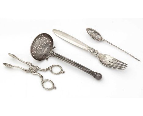 A Victorian silver sugar sifter ladle, with a wirework stem and a ball finial, by Hilliard &amp; Thomason, Birmingham 1890, a
