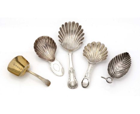 Five various antique silver caddy spoons (including one by Hester Bateman and one Scottish), the longest one 11.4cm, 1.35oz. 