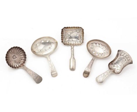 Five various silver caddy spoons, (one initialled "H"), all made by Joseph Taylor of Birmingham 1803-1822, the longest one 7.