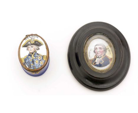 A 19th Century enamelled copper box, oval with a portrait of Admiral Nelson on the cover, together with a framed porcelain or
