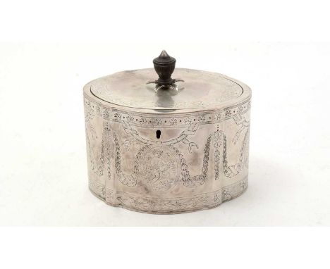 A George III engraved silver tea caddy, of shaped oval outline, with friezes of floral and foliate motifs and garlands of rib