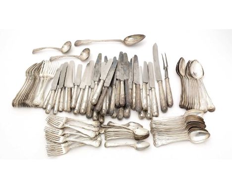 A collected or Harlequin set of antique silver hourglass-pattern flatware and cutlery to include:- twelve tablespoons, twelve