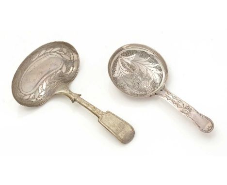 A Victorian engraved silver caddy spoon, with a thistle in the bowl and a bifurcated stem, by Hilliard &amp; Thomason, Birmin