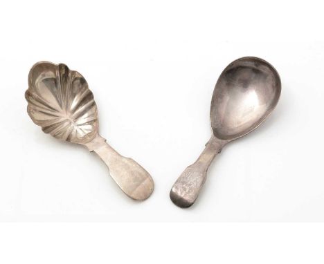 Two provincial silver fiddle-pattern caddy spoons: one with a shaped and fluted bowl, by W.R.Sobey, Exeter 1846; the other pl