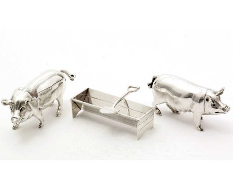 A late Victorian novelty silver mustard pot, in the form of a farmyard boar, with matching sow pepper, caster and salt, in th