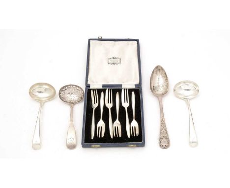 A mixed lot: a Victorian silver engraved tablespoon, initialled and inscribed; a pair of George III silver sauce ladles, init