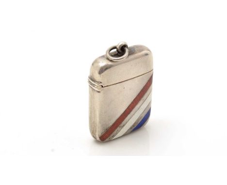 A late Victorian silver vesta case; with a suspensory ring at the top, enamelled on the front with a diagonally striped red, 