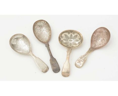 Three antique silver caddy spoons, with engraved bowls and fiddle pattern stems (one initialled) and another with chased deco