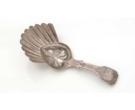 A William IV silver caddy spoon, fiddle pattern with engraved decoration and a heart-shaped bowl with a fanned and fluted fro