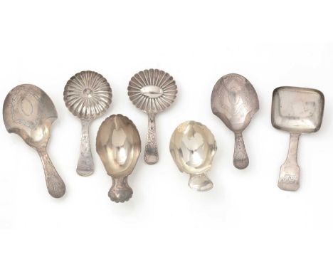 Seven various George III silver caddy spoons, (three with initials), mixed designs and dates but all by Joseph Taylor of Birm