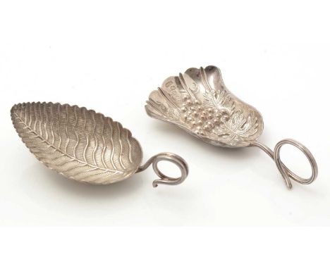 A William IV silver caddy spoon, with a tendril handle and an embossed, fan-shaped bowl, by Taylor &amp; Perry, Birmingham 18