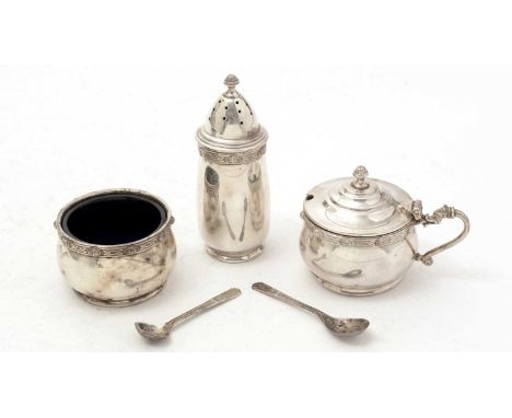 A late-20th Century Irish silver condiment set, with Celtic borders (and blue glass liners for the mustard and salt), by Iris