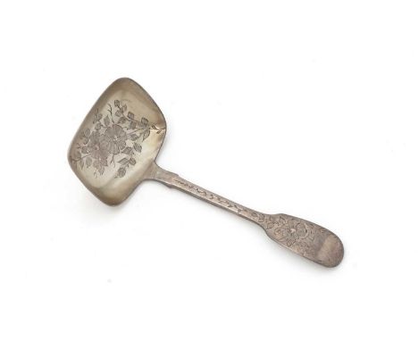 A Victorian engraved silver caddy spoon, fiddle pattern with a long stem and a gilt rectangular bowl, by Charles Boyton, Lond