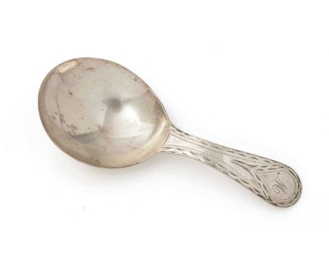 A Scottish provincial silver caddy spoon, with an oval bowl and a bright-cut stem, initialled "M", by Edward Livingstone of D