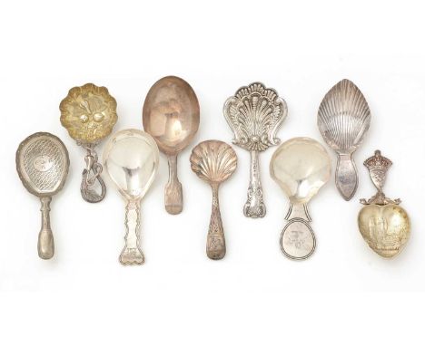 A small collection of antique silver caddy spoons: a Scottish cast example by W.Robb of Ballater, Edinburgh 1899; a Sheffield