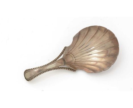 A George III silver caddy spoon, with a bead pattern stem and a fluted bowl, maker’s mark only, by George Smith, London c.178