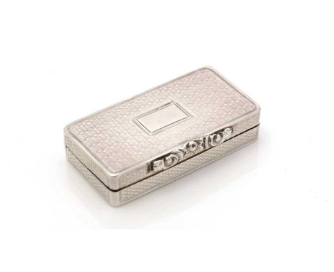 An early Victorian silver vinaigrette, rectangular with engine-turning, a chased thumbpiece and a vacant cartouche on the cov