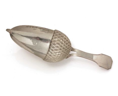 A George III silver caddy spoon, with a bifurcated stem, an acorn-shaped bowl and a canted terminal, by John Hart &amp; Co., 