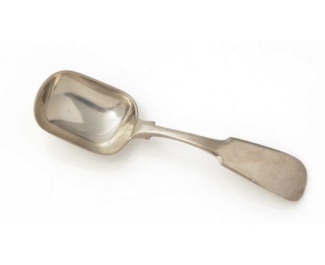 A Scottish provincial silver caddy or sugar spoon, fiddle-pattern with a rounded oblong bowl, Nathaniel Rae of Aberdeen (NR, 