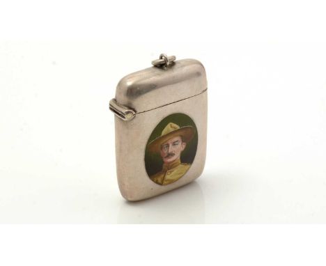 A late Victorian silver vesta case, with a suspensory ring at the top, enamelled on the front in polychrome with an oval port