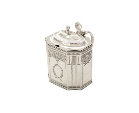 A George III silver mustard pot resembling a miniature tea caddy, rectangular with reeded borders, incurved corners and brigh