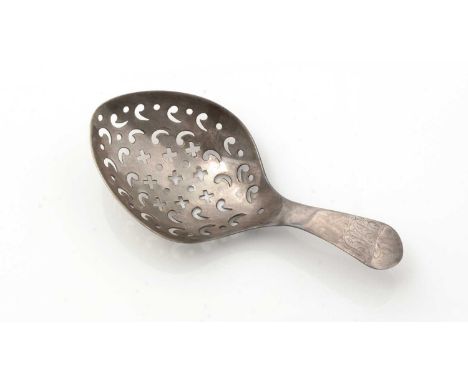 A George III silver caddy spoon, with a spade-shaped bowl, pierced with pellets, crosslets and scrolls, the terminal with scr