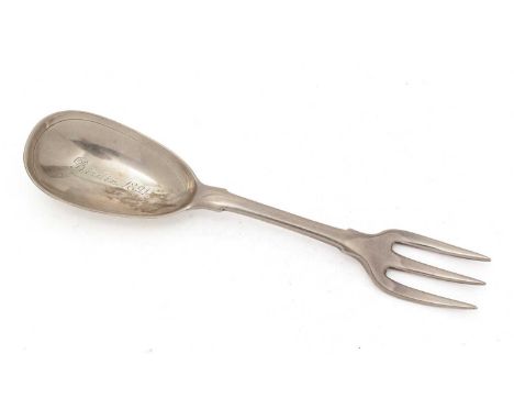 A rare George III silver sucket fork (or combined spoon and fork), with three prongs and a drop-shaped bowl, inscribed "Birdi