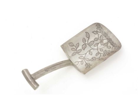 A George III silver caddy spoon, shaped like a spade with an engraved, curved bowl and a T-bar handle, by Cocks &amp; Bettrid