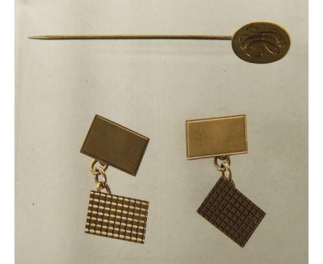 A pair of Gents 9ct gold, rectangular cufflinks, one panel with grid engraving, the other vacant, 6.2g approx and a gilt bras