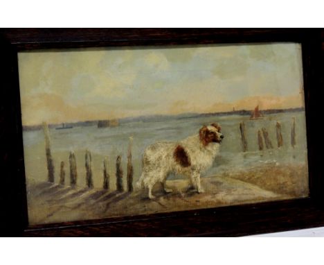 19TH CENTURY ENGLISH SCHOOL - Portrait of a brown and white collie dog standing near breakwaters the sea beyond, oil on canva