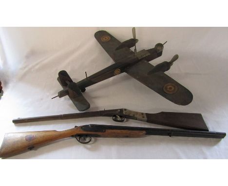 Large wooden model of a Wellington bomber / A W Whitley type aircraft (handmade) c.1938/40 and 21940s toy guns - The Hector p