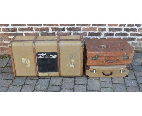 2 vintage suitcases and a trunk