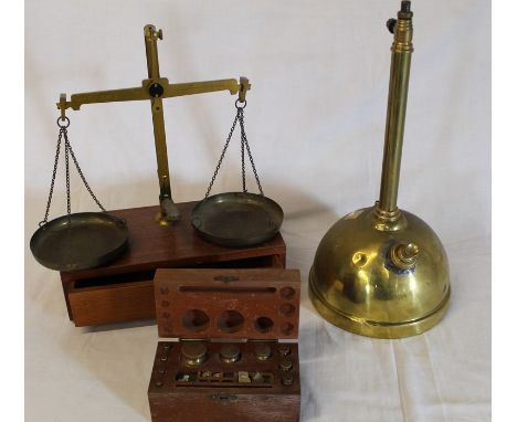 Set of apothecary scales, weights and brass sprayer (incomplete)