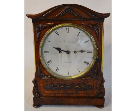 William IV mantel clock in a mahogany veneer case with moulded decoration, silvered dial engraved J V W Mitchell, 2 Argyle St