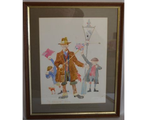 Framed Colin Carr watercolour 'Two Stick Charlie'. Frame size 39cm by 32 cm